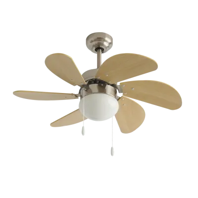 30-Zoll-Deckenventilator mit 6 MDF-Flügeln und E27-Leuchte – Satin-Nickel, Zugkettenschalter